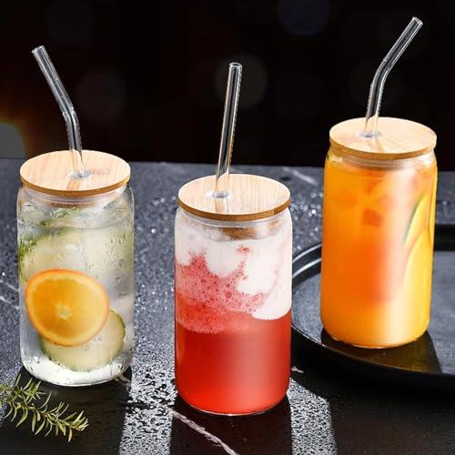 Image of Kamvy Ice Juice Drinks Glass Mug with Straw for Milk, Coffee, Green Tea Cup Set of 1 | 500ml Transparent Can Shape Drinking Cup (CAN with Wooden LID)