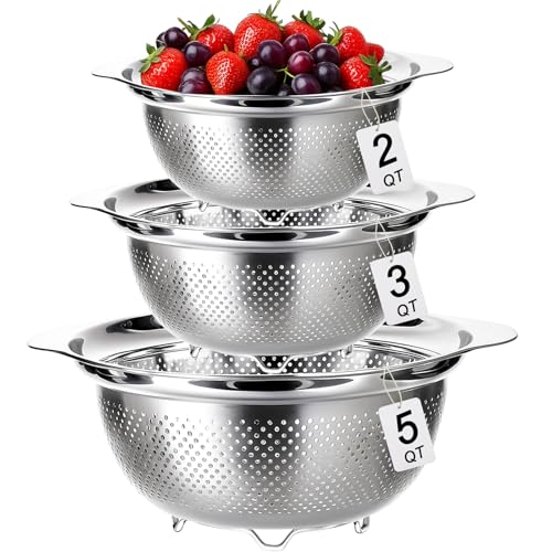 3 Pcs Stainless Steel Colander Strainer Set Metal Colander for Kitchen Pasta Strainer for Rice Food Fruits Spaghetti Vegetables (2QT, 3QT, 5QT)