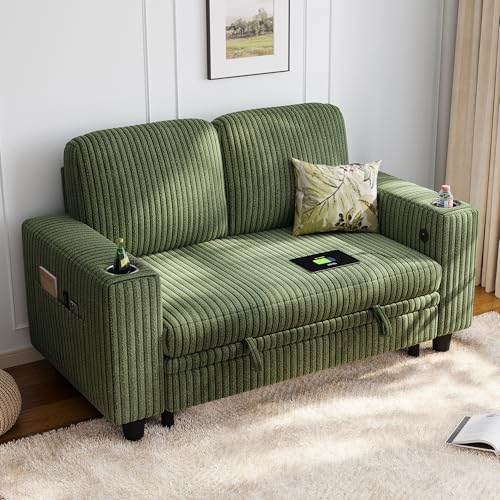 Image of LINSY HOME Loveseat Sofa with Storage - Comfy Plush Corduroy 2 Seater Sofa with USB Charging & Cup Holders, Deep Seat Love Seat for Small Spaces Living Room Bedroom Apartment, Green