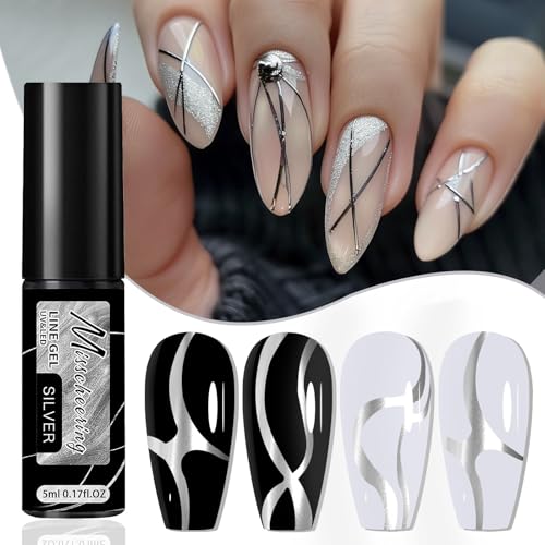 Metallic Gel Liner nail Polish for Nail Art, Mirror Silver Gold Rose Gold Chrome Painting Nail Polish, for Salon Home DIY French Manicure (Sliver, 5ml)