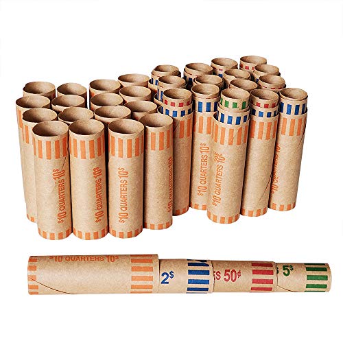 twist n crimp coin wrap sealer - NATURALABEL 80CT Assorted Coin Wrappers Paper Tube, Packaging 32 Quarters, 16 Pennies, 16 Nickels and 16 Dimes, Silver Coin Wrapping Paper (80pcs)