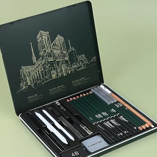 Image of PLUSPOINT 19 Piece Pencil Sketching & Drawing Art Set for Artists, Professional Graphite Pencil Kit with Blending Tools, Erasers, Sharpener & Metal Tin Box