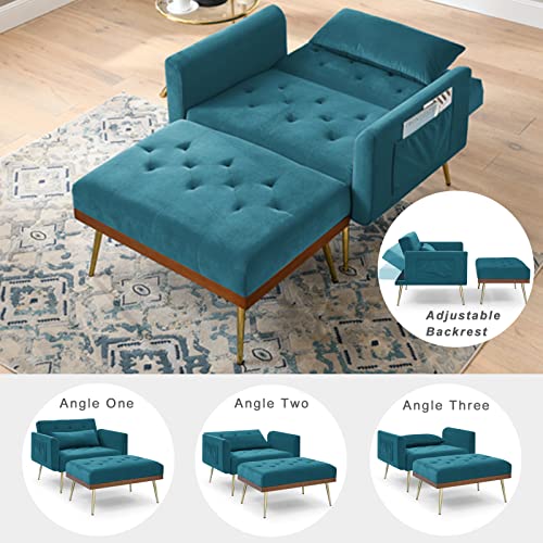 Kinffict Velvet Accent Recliner Chair With Ottoman, Modern Armchair With Adjustable Backrest And Side Pocket, Comfy Single Lounge Sofa Chair For Living Room Bedroom Office (Teal Blue) #TOP4