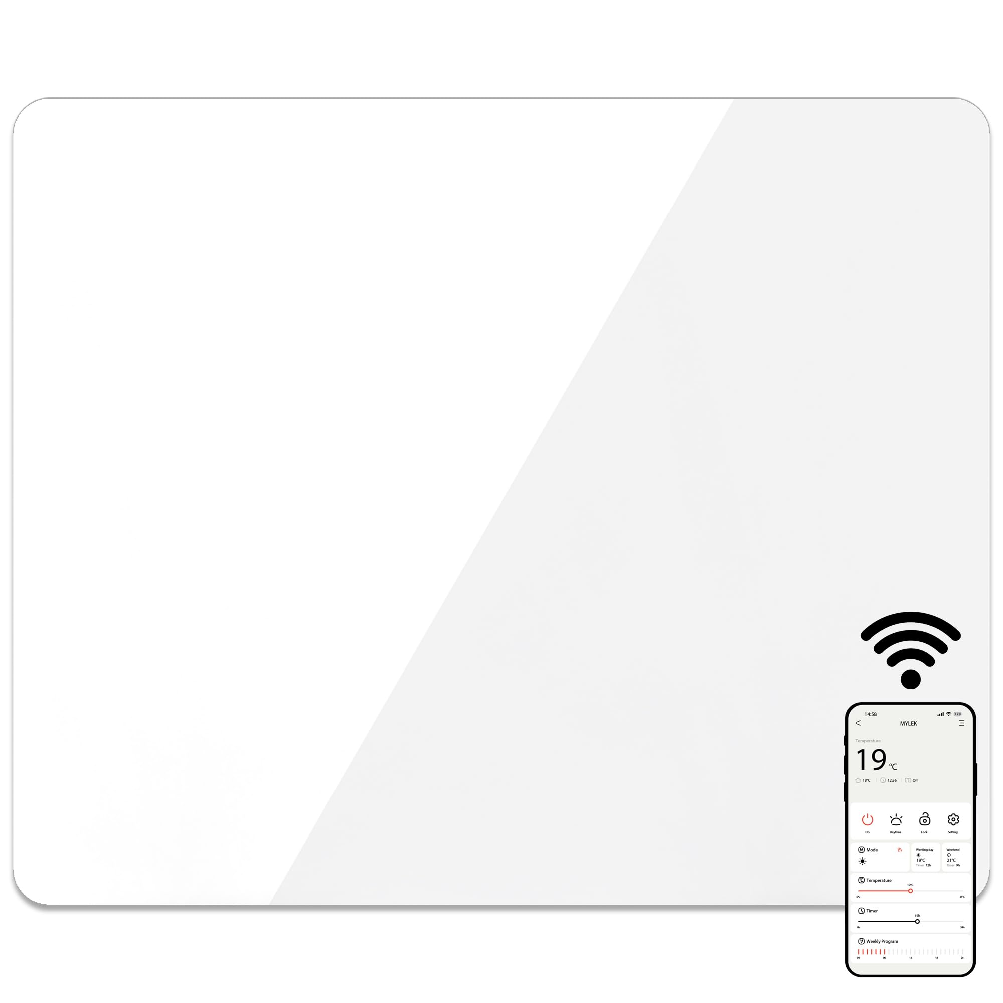 Mylek Radiator Glass Panel Heater White Slimline, Wifi Enabled Smart APP 900W, Open Window Detection, Wall Mounted Or Free Standing, Low Energy Heaters, Timer, Lot 20, (White 0.9KW)