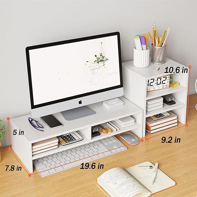 Image of Wooden Monitor Stand Riser with Storage Compartment and Lockable Storage Drawer Stand | Adjustable Desktop Organizer for Computer, Flax, Laptop & Printer (Monitor Stand (white) 6 Box)