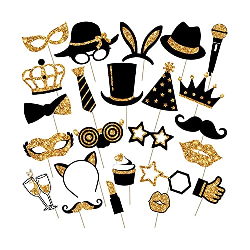 Pomeloone 24 Pièces Accessoires de Photobooth de Fête, Accessoires de Photomaton d'anniversaire, DIY Fête Photo Booth Props, Kit Photobooth pour Fêtes de Variété Fêtes (Or)