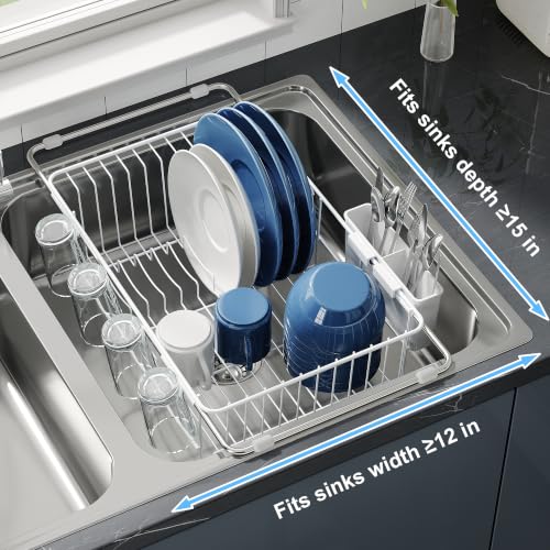 Image of JASIWAY White Dish Drying Rack in Sink, Dish Drainer with Utensil Holder