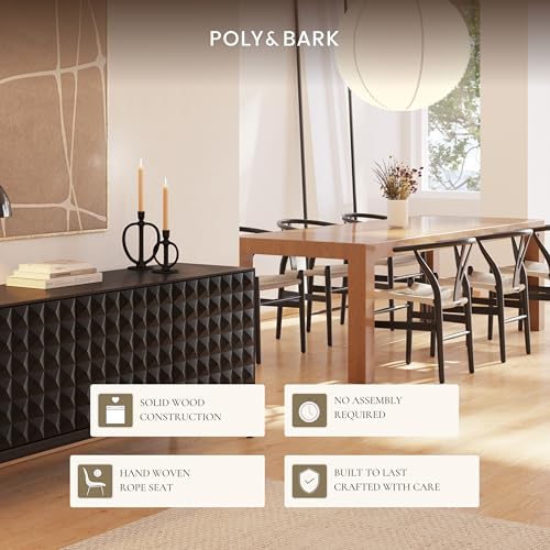 Image of POLY & BARK Weave Dining Chair - Mid-Century Modern Wishbone Dining Chair with Arms, Solid Wood Frame, Indoor Use - Black - Single - Ideal for Dining Room, Kitchen or Stylish Accent Setting