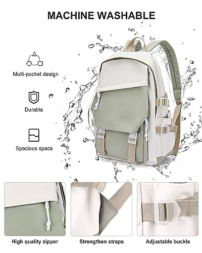 Image of coowoz School Backpack Kids College Aesthetic Cute Backpack Lightweight Casual Daypack Laptop Backpacks Men Women Rucksack Sport High Middle School Bookbag for Girls Boys Gray Green white