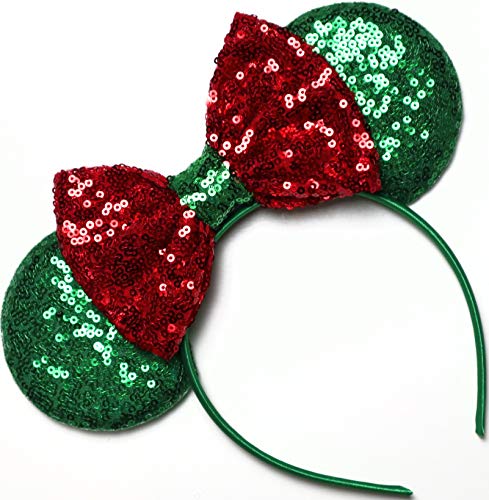 Image of CLGIFT Rose gold Minnie Ears,Pick your color, Iridescent Minnie Ears, Silver gold blue minnie ears, Rainbow Sparkle Mouse Ears,Classic Red Sequin Minnie Ears (Christmas Green /Red)