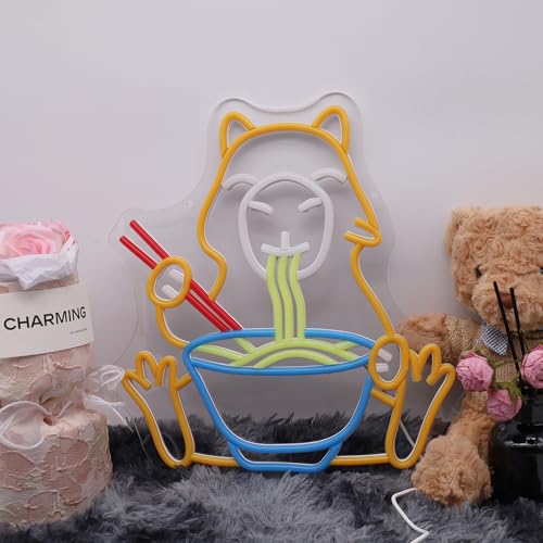 Image of Capybara Ramen Noodles Neon Sign, Cute LED Wall Light for Kitchen, Restaurant, Anime Room, USB Powered Ramen Bowl Neon Light for Food Lovers, Japanese Decor for Bar or Gaming Room
