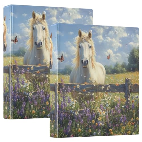 Image of Horse Lavender White 3 Ring Binder with 2 Interior Pockets 1.5 inch Binders 3 Ring Heavy Duty Fit 8.5 inch x 11 inch Letter Size for Office School, 2 Pack