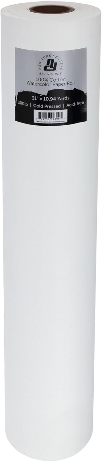 New York Central Large Watercolor Paper Roll for Artists - 300 lb Cold Press - 31" x 10.94 yd - 100% Cotton Bright White Acid-Free Archival Roll of Cold Pressed Watercolor Paper