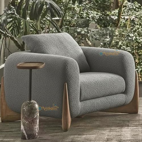Image of Modern Sofa, Teddy Fabric, Chesterfield Style, Wooden Legs, for Living Room, Bedroom, Hallways (3+1+Ottoman, Light Grey)