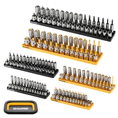 Image of GRENPRO 7PCS Socket Organizer Tray Set with Mini Folding Tray, Yellow & Black Magnetic Socket Holder for 1 /4 inch, 3 /8 inch, 1 /2 inch Drive Metric and SAE Sockets