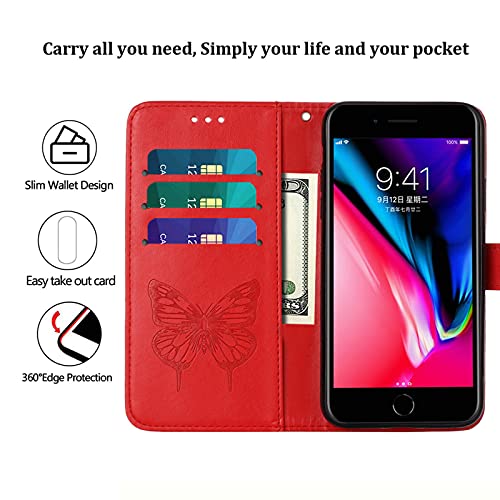 Moment Dextrad for iPhone SE 2022/SE 2020 Case,for iPhone 6/6S/7/8 Wallet Case,Butterfly Floral Embossed,Wrist Strap,Card Holder Slots,Stand Leather Protective Flip Cover (Red) by Moment Dextrad - Image 8