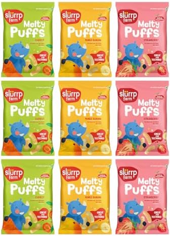 Slurrp Farm No Salt No Sugar Teething Puffs | Baked Fruit and Vegetable Millet Puffs | Carrot, Strawberry & Banana, Mango | Pack of 9