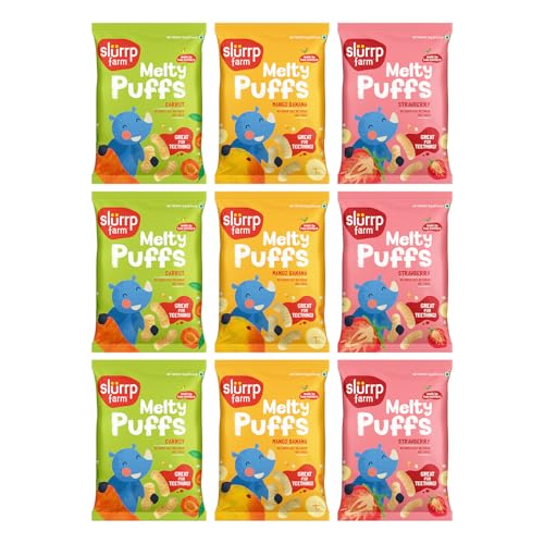 Slurrp Farm No Salt No Sugar Teething Puffs | Baked Fruit and Vegetable Millet Puffs | Carrot, Strawberry & Banana, Mango | Pack of 9