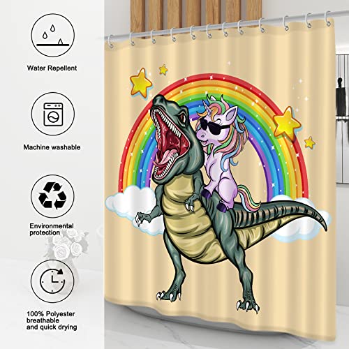 Gixige Cute Unicorn Dinosaur Shower Curtain Kids Gift, Funny Rainbow Animal Theme Bathroom Decor, Waterproof Fabric Accessories Set, With 12 Hooks 72 X 72 Turmeric #TOP1