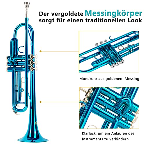EASTROCK Trompete BB Standard Trompete Kit mit Tragetasche, Handschuhe, 7C Trompete Mundstück,Tuning Rod, Trompeten für Anfänger und Schüler(Lake Blue)