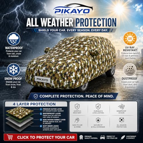 Image of Waterproof Car Body Cover for Suzuki Baleno 1.2 with Mirror and Antenna Slot, Soft Cotton Lining, Triple Stitched (Heat Resistant Metallic Comouflage Jungle with Piping)