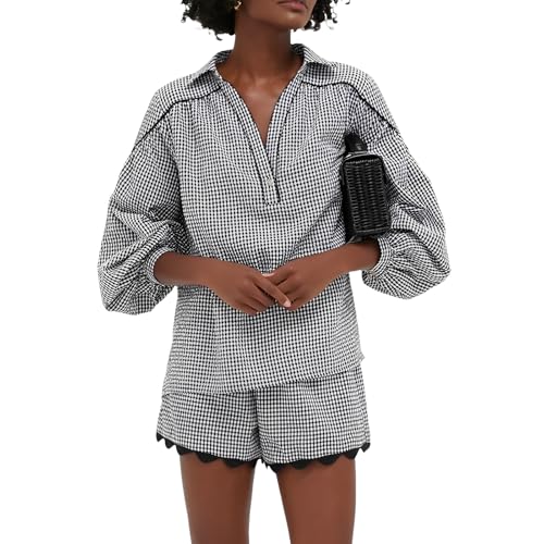 VAOYIU Womens Gingham Two Piece Summer Set Linen Outfit with Scalloped Hem Puff Sleeve Round Neck Top High Waist Shorts
