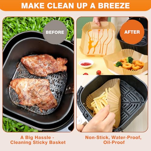 Vailnd Air Fryer Liners Disposable, 100Pcs 9 Inch Max Xl Large Cooker Airfryer Paper Liners, Oil Proof Parchment Sheets Square Basket Baking Liner for 8/10/11/12 QT Air Fryer Microwave