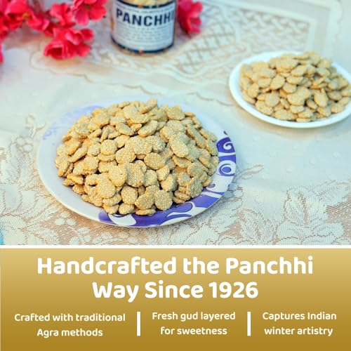 Image of Panchhi Rewri 250 Gram - Homemade Traditional Agra Rewri (Since 1926), Gajjak Made with Sesame Seeds, Gur | Crispy Tilkut Chikki, Healthy Jaggery Sweet for Winter, Festival & Gift