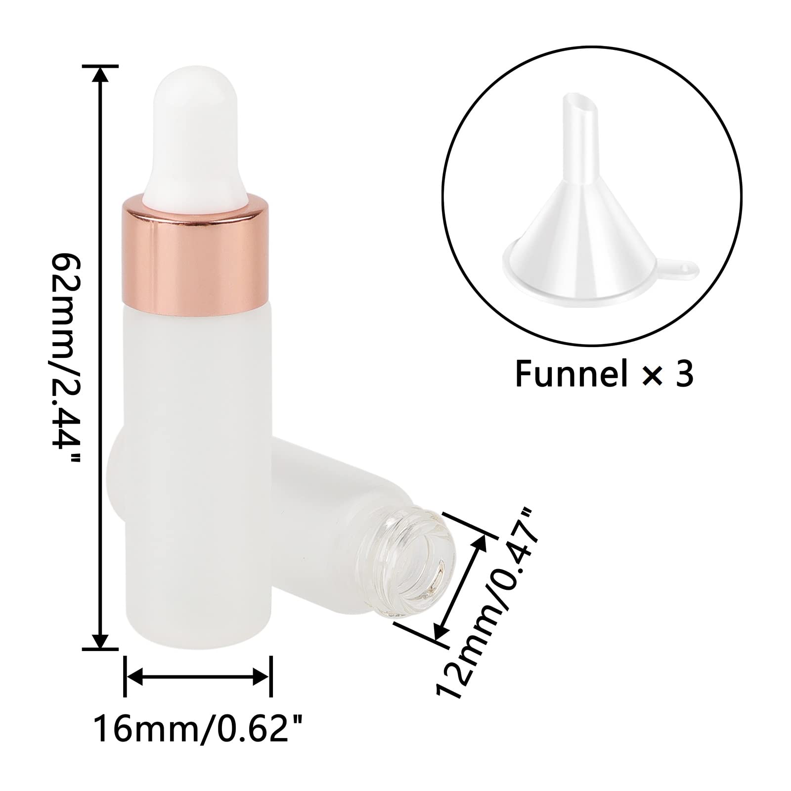 Kesell Lot de 50 flacons compte-gouttes en verre dépoli rechargeables de 5 ml pour huiles essentielles, parfum, essence, lotion, soins de la peau avec 3 entonnoirs, bouchon or rose