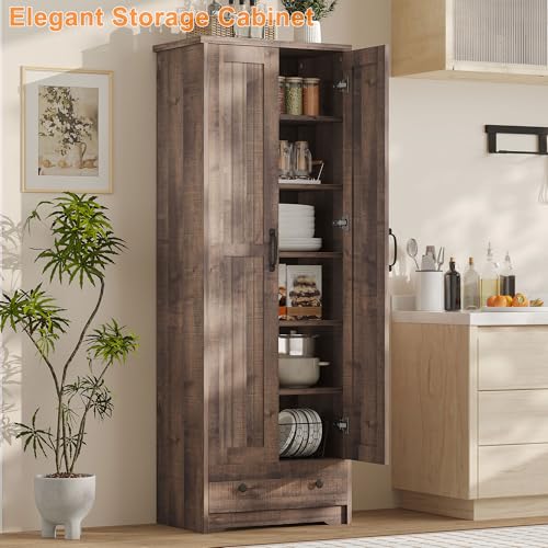 Image of Decofy 70 inch Tall Storage Cabinets, Large Wood Storage Pantry Cabinet with 6 Adjustable Shelves, 2 Striped Doors & Drawer, Standing Utility Cabinet for Kitchen, Bathroom, Dining Room, Antique (Brown)