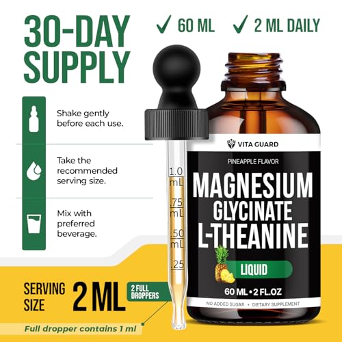 Image of Vita Guard Magnesium Glycinate 500mg & L-Theanine 200mg Liquid Drops - Maximum Absorption Sleep, Calm & Stress Relief Supplement - Sugar-Free, Natural Pineapple Flavor, Non-GMO - 60ml, 30-Day Supply