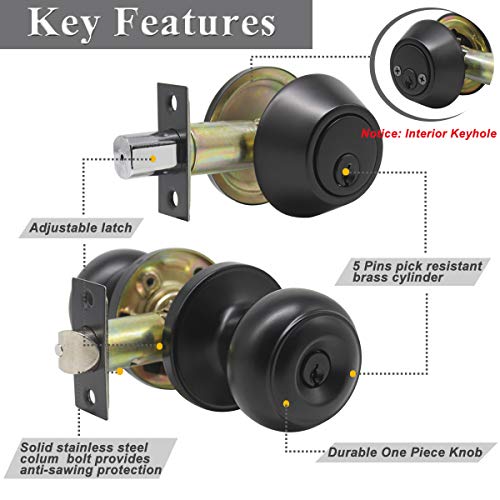 Probrico Keyed Alike Round Ball Entry Door Knob And Double Cylinder Deadbolt Set, Flat Black, 1Pack #TOP4