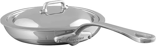 Mauviel M'Cook - Sartén de acero inoxidable pulido de 5 capas con mango y tapa de acero inoxidable fundido, 11 pulgadas, fabricada en Francia