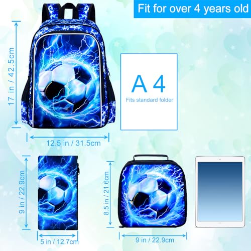 UFNDC 3PCS Boys Soccer Backpack, Kids Lightning Bookbag with Lunch Box, 17" Water Resistant School Bag for Teenagers Elementary Middle4