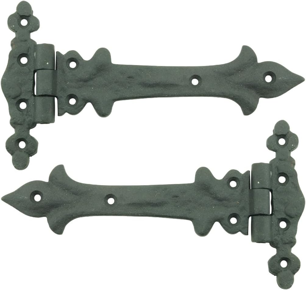 Renovators Supply Manufacturing Strap Hinge 7 in. Black Wrought Iron Southern Charm Style Spear Tip Flush Mount Heavy Duty Strap Gate and Door Hinges with Hardware Pack of 2