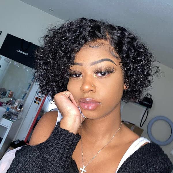 LUVME HAIR 8Inch Curly Wig 4x4 Lace Closure Wigs Human Hair Short Wigs for Black Women Side Part Bob Lace Front Wigs Pixie Cut Wig Glueless Wigs Human Hair Pre Plucked Natural Color