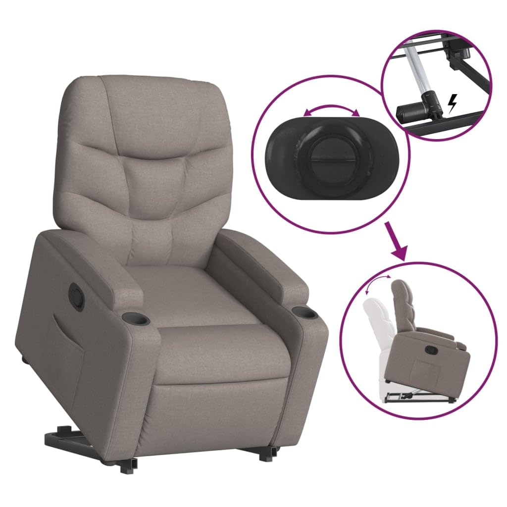 Relaxsessel mit Aufstehhilfe Elektrisch 74x89x100 cm Taupe Stoff Bequemer Lesesessel mit Liegefunktion bis 135 Grad & Getränkehalter für Wohnzimmer Schlafzimmer