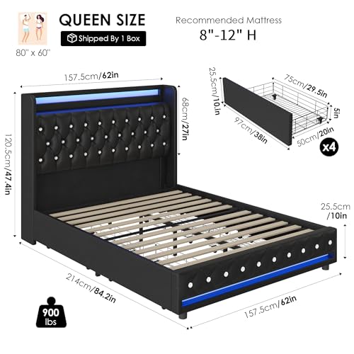 Glam Queen Bed Frame with LED, Charging Station, Storage Drawers, Crystal Button Wingback Headboard, No Box Spring Needed - Black