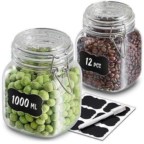Praknu 6 Einmachgläser mit Bügelverschluss 1l - Mit Etiketten, Stift und extra Silikondichtungen - Platzsparend durch eckige Form...