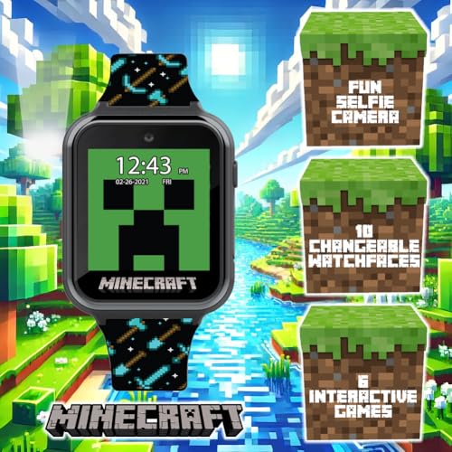 Minecraft Kids Smart Watch - Interactive Touchscreen with Games, Camera, Step Counter, Alarm, Timer, Voice Recorder, and Cool Minecraft Silicone Strap - Fits Wrists 5.5" to 8.0"2