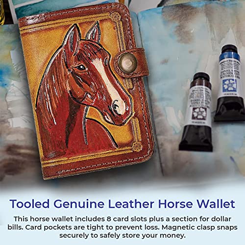 SAGEFINDS Tooled Genuine Leather Horse Wallet | Multi Card and Cash Holder | Hand-Painted | Equestrian Gift | Fold Over Button-Snap Closure | 4.75” x 3”2