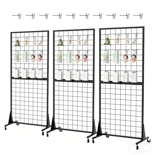 DEYEGELEA 3-Pack 2'x5.5' Ft Gridwall Panel Display Stands Heavy Duty Floor Standing Retail Display Rack with Triangle Base for Retail Art Show with 20 Hooks