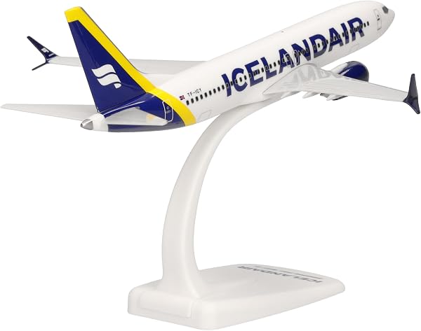 Herpa Snap-Fit modèle Avion Icelandair Boeing 737 Max 8 – Bande Jaune sur la dérive, Miniature à l’échelle 1:200, pièce de Collection, modèle avec Socle, Plastique - 2