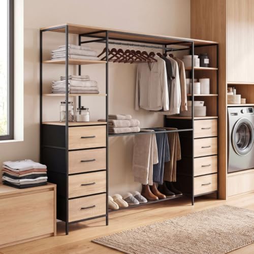 Dressing double UTAH 180 cm avec porte pantalons étagères bacs en tissu et porte chaussures bois et - vue 9