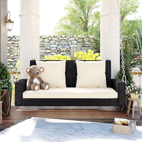 Image of Patio Outdoor Double Seater Swing Chair Without Stand for Balcony, Garden | Weather Resistant Rattan & Wicker Hammock Jhula for Adults | Outdoor Sofa Swing (Brown & Light Cream)