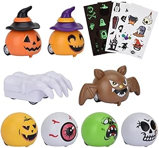 [8+42] Willingood Halloween Pull Back Racers, 8 Different Cars + 42 Halloween Luminous Temporary Tattoos, Bloody Hand, Skull, Eyeball, Zombie for Kids Halloween Party Bag Fillers or Gift Ideas