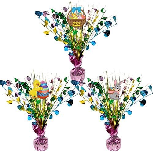 3 Pcs Easter Egg Spray Centerpiece,Balloon Weight Centerpieces Colored Metallic Strands Die-Cut Foil Egg Centerpieces,Spring Easter Home Party Supplies Table Decorations