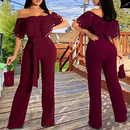 Image of Off Shoulder Jumpsuit for Women High Waist Wide Leg Long Pants Jumpsuits