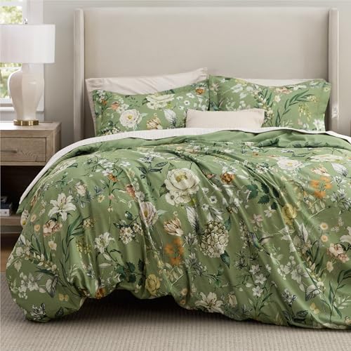 Image of Bedsure Comforter Set Full Size - Cute Floral Bedding Comforter Set, 3 Pieces, 1 Soft Reversible Olive Green Woodland Floral Flowers Comforter and 2 Pillow Shams