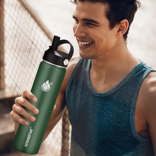 Image of Insulated Water Bottle 32 oz with Straw, Stainless Steel Wide Mouth Water Bottle, Double Wall Vacuum Leak Proof with Straw Lid & Spout Lid for Sports or Office, Keep Cold or Hot Up to 24 Hrs